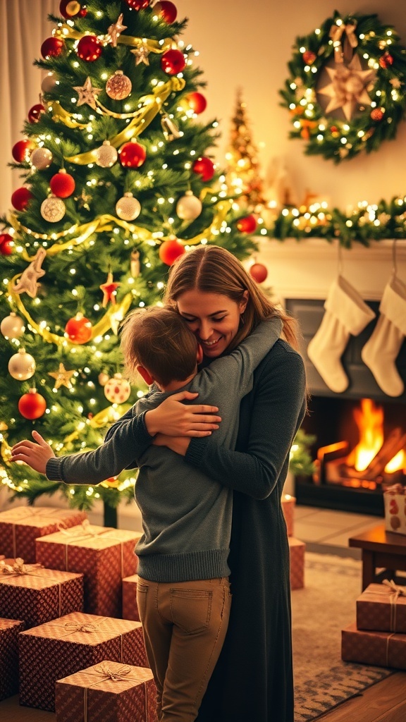 A mother and child embracing in front of a decorated Christmas tree, symbolizing love and joy during the holiday season.